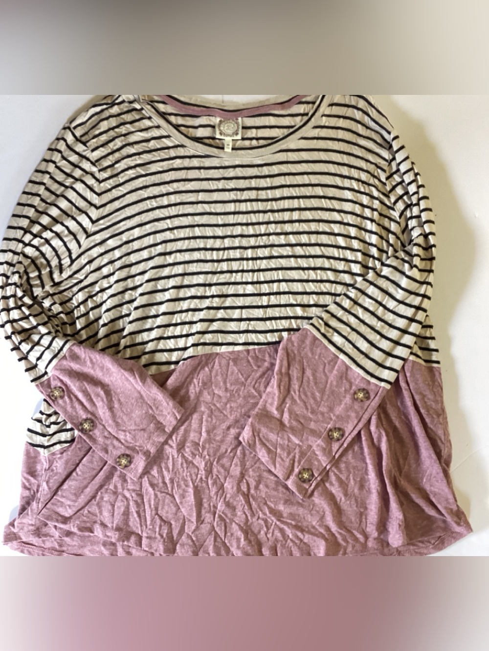 TruSelf Striped and Pink Long Sleeve Top With Buttons on the sleeve